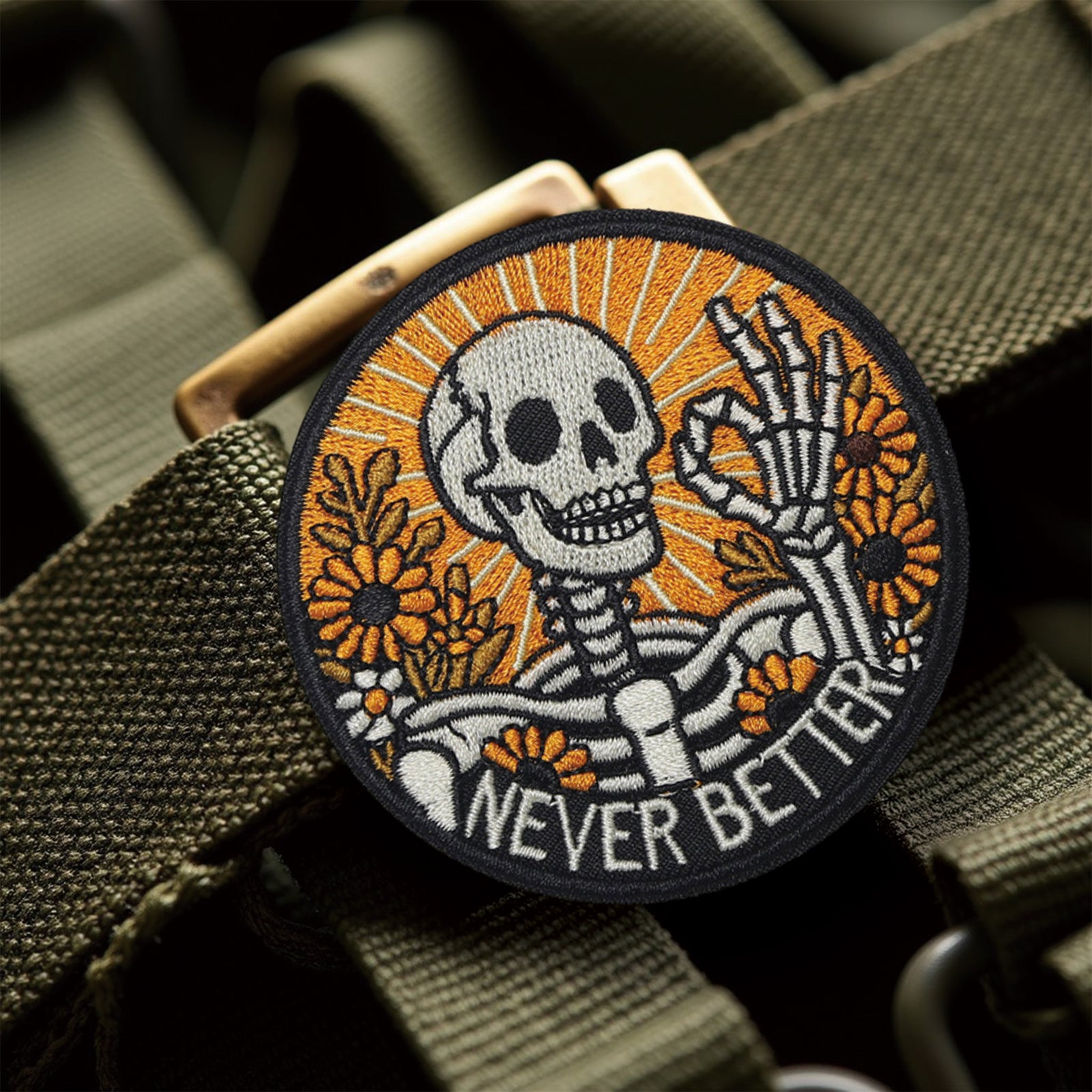 Never Better Skeleton Optimistic Self-Motivation Funny Meme Patch (Velcro)